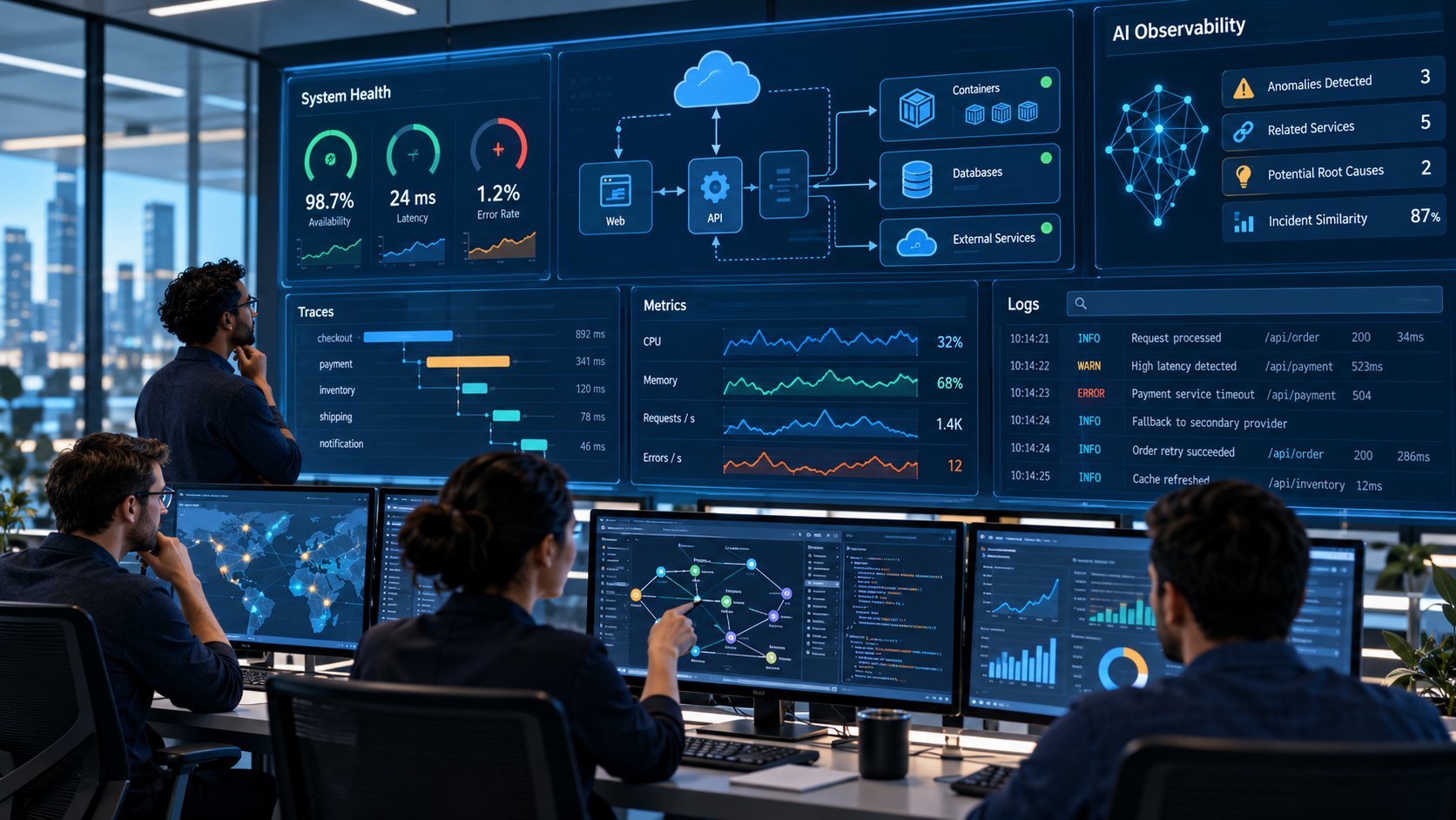 Conceptual enterprise operations center showing correlated metrics, logs, traces and AI-assisted anomaly analysis