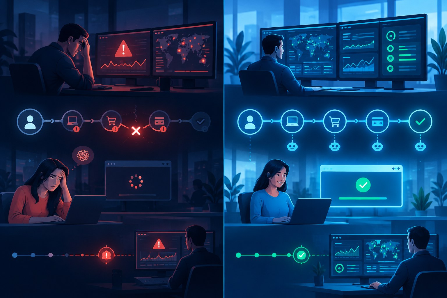 Perbandingan visual monitoring reaktif setelah insiden dengan synthetic monitoring proaktif sebelum pelanggan terdampak
