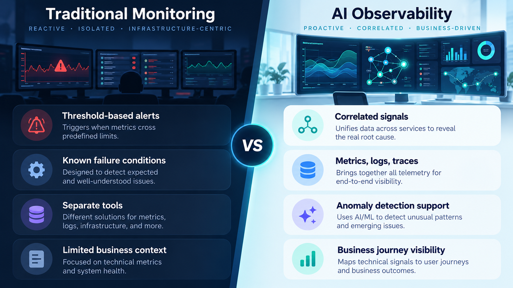 Infographic comparing traditional monitoring with AI-assisted observability for distributed enterprise applications