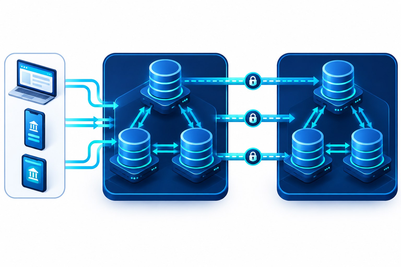 Conceptual enterprise application architecture connected to a multi-node distributed SQL database cluster for scalability and high availability